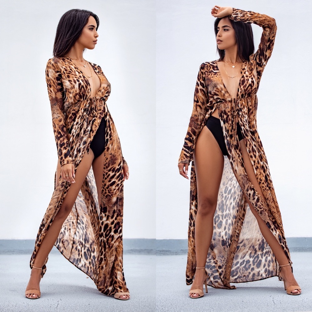 Leopard Long Sleeve Thigh Slit Maxi Top